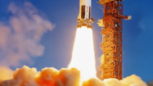 Saturn V rocket launch towards the moon.