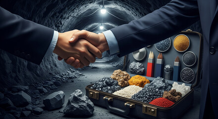 Rare earth metals (REMs) play a key role in global industry across various sectors. Businessmen shake hands in a successful deal.