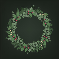 Elegant Christmas wreath with winter botanicals. Vector illustration with fir, holly, mistletoe, and eucalyptus on a dark background. Ideal for holiday cards, invitations, and seasonal design.﻿