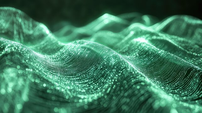 Green particles forming flowing waves of data transmission - Powered by Adobe