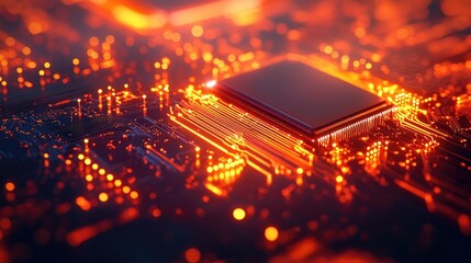 Circuit board with glowing processing chip and data flow