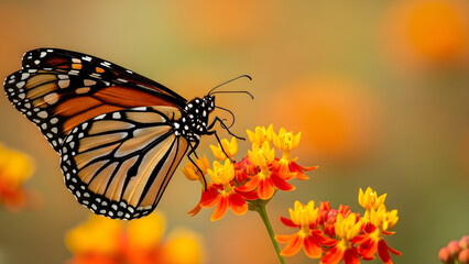 A detailed close-up photograph of a Monarch butterfly perched on a vibrant cluster of small orange and yellow flowers, with a softly blurred background of similar blossoms