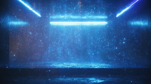 Dark futuristic room with blue neon lights illuminating sparkling particles
