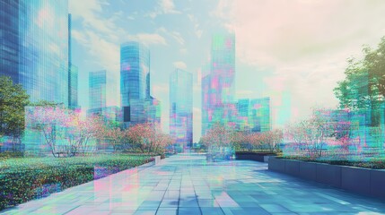 Futuristic city buildings with digital glitch effect in urban park