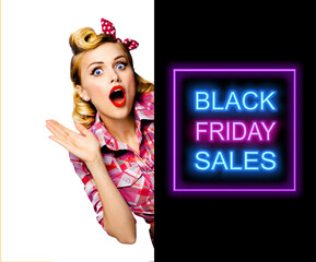 Retro vintage ad concept - expressive surprised, happy pinup woman. Pin up girl with wide open...