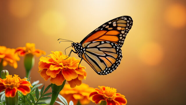 Monarch butterfly gracefully perched on a vibrant orange marigold flower, showcasing intricate wing patterns against a soft, bokeh background