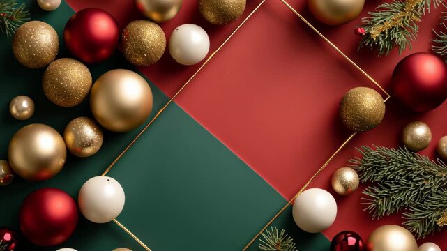 A green and red frame with a gold border. The frame is surrounded by many different colored balls. Premium business editorial christmas background red green white gold calm