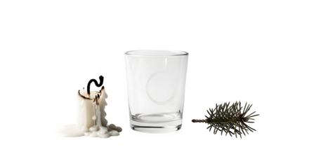 Burnt candle next to a glass and a pine branch isolated on transparent background
