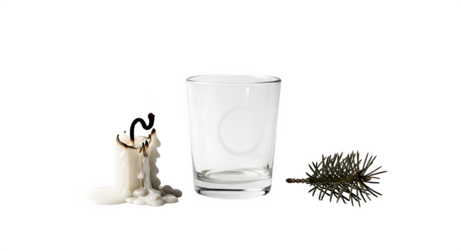 Burnt candle next to a glass and a pine branch isolated on transparent background