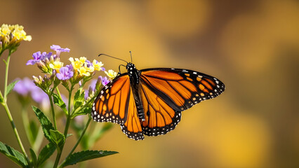 Fototapeta premium Beautiful monarch butterfly perched on a delicate cluster of purple and yellow flowers, showcasing intricate wing patterns against a soft, blurred golden background