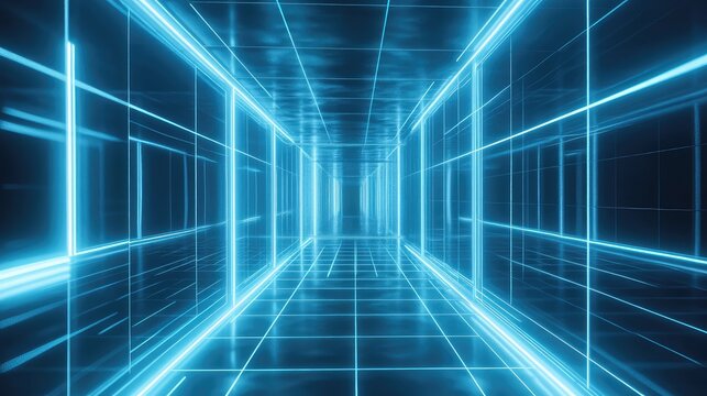 Traversing a futuristic neon grid tunnel cyberspace