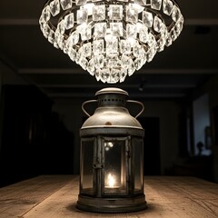 A vintage lantern placed on a wooden table with a modern chandelier hanging above it in a dimly lit room creating a cozy atmosphere