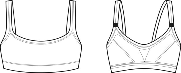 PrintVector technical flat sketch of women’s sports bra front and back view, adjustable straps design, fitness apparel, activewear fashion template © Itz Mehedi's World