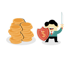 Illustration of a smiling businessman holding a shield with a dollar symbol and a sword, protecting a stack of gold coins, symbolizing financial security and wealth protection.