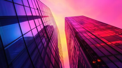 Glass skyscrapers reflecting vibrant pink and purple sky