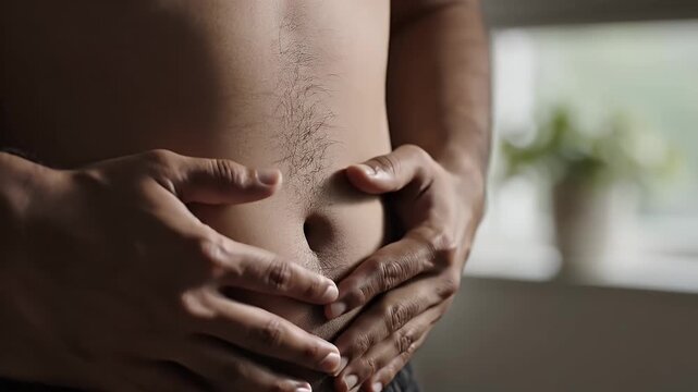 Close Up View of Man's Torso with Hands Clasping Stomach in Soft Lighting