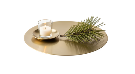 Burning candle with pine branch on a golden plate isolated on transparent background christmas decoration, minimalist style