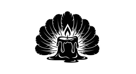 A black and white illustration of a lit candle with dripping wax, surrounded by a fan of dark feathers.