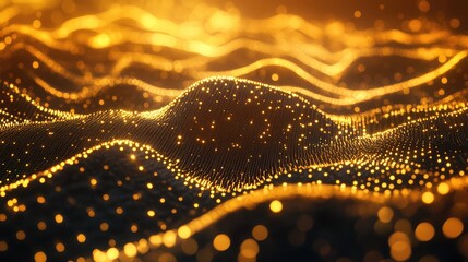 Golden glowing data stream moving in digital waves