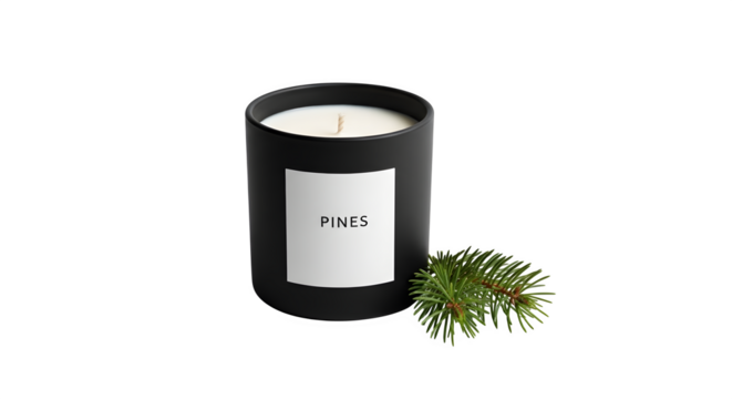 Aromatic candle in black jar with fir branch isolated on transparent background, perfect for creating a cozy and festive atmosphere