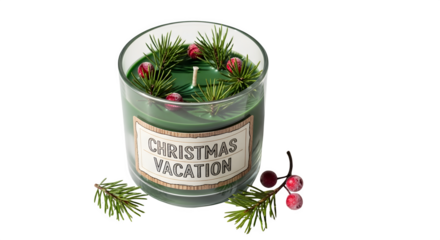 Christmas vacation candle in glass jar with pine sprigs and berries isolated on transparent background, evoking a cozy holiday feeling