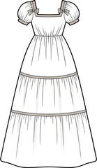 PrintWomen’s long puff sleeve maxi dress front view, elegant fashion clothing design template, stylish summer outfit apparel vector illustration