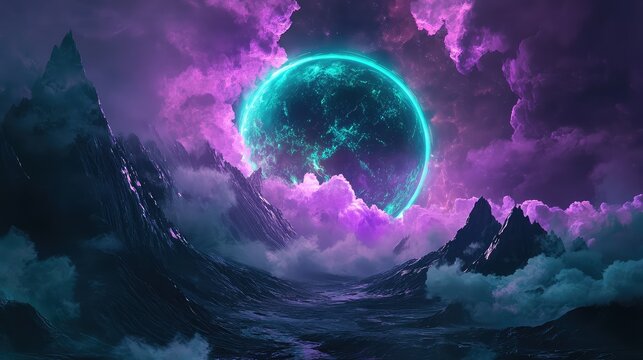 Glowing alien planet over a dramatic sci fi landscape