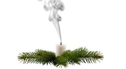 Extinguished candle with smoke and fir branch isolated on transparent background, a symbol of ending or remembrance