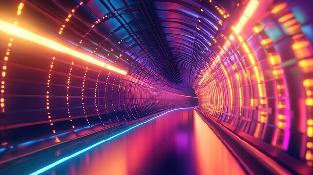 Futuristic neon light tunnel traveling at speed