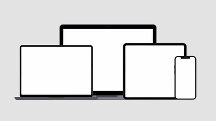 Mockup of modern digital devices, including laptop, tablet, and smartphone with blank white screens, for responsive design and app display