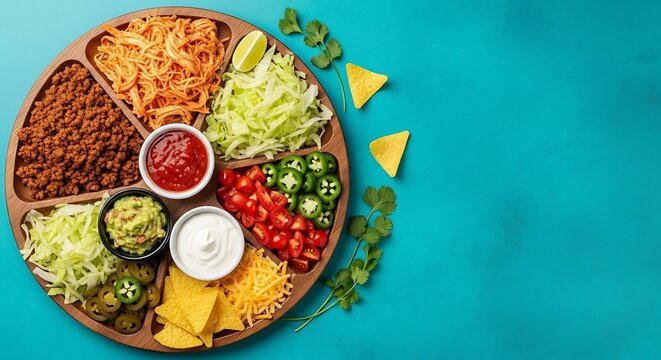 Taco bar platter with ground beef shredded chicken and toppings mexican food - Powered by Adobe