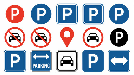 Collection of diverse parking and no parking signs, location pin, and car icons for road regulation and guidance symbols.