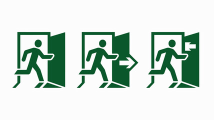 Collection of three universal green emergency exit signs, depicting a running person leaving a door with and without arrows.