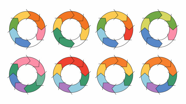Eight colorful circular arrow process diagrams. each shows a continuous cycle of interconnected segments for business infographics.