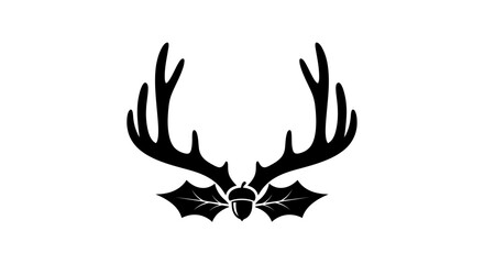 Obraz premium A black silhouette of deer antlers above a cluster of holly leaves and an acorn.