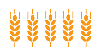 Five golden gradient stylized wheat or grain ears, minimalist vector icon design for agriculture, harvest, and food concepts.