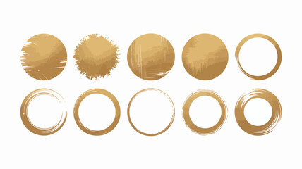 Elegant collection of abstract gold circles, brushstroke frames, and grunge textured metallic round elements for graphic design.