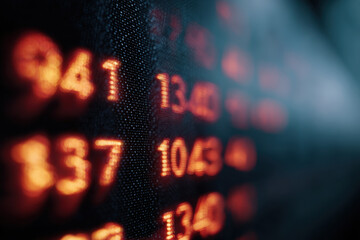 Glowing numbers stock market digital display finance trading data red blur macro screen