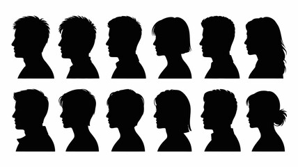 Diverse male and female profile silhouettes, anonymous people avatars with varied hairstyles, side view black human head shapes