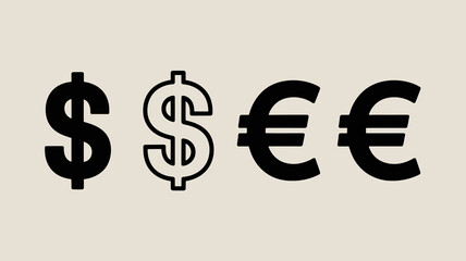International currency symbols featuring both solid and outlined dollar signs alongside euro signs, representing global finance.
