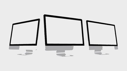 Three modern all-in-one desktop computers with blank white screens in a sleek row, ideal for website and app mockups on a clean setup