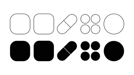 Minimalist graphic elements: outlines and solid black fills of rounded squares, capsule, and circles on white background.