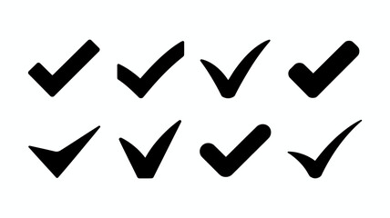 Eight distinct black checkmark icons, a versatile collection for indicating approval, completion, success, or confirmation.
