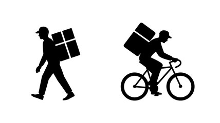 Delivery worker walking with package and courier on bicycle with box, illustrating efficient logistics and shipping