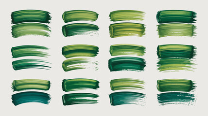 Vibrant green paint brush strokes texture set with various natural shades, artistic smears for abstract design elements.