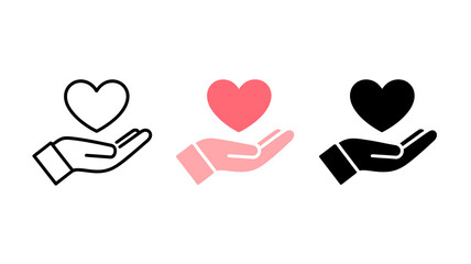 Hand holding heart icon set representing care, love, charity, giving, health, and passion on an isolated white background