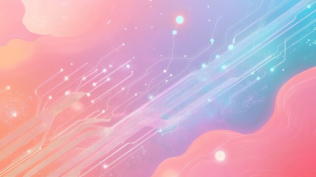 Digital network connections with glowing neon effects on pastel background