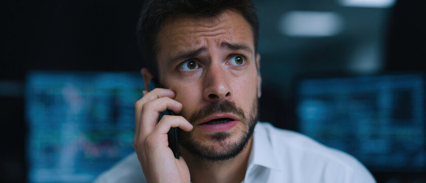 â€œworried investor phone call panic finance stock market office stressâ€