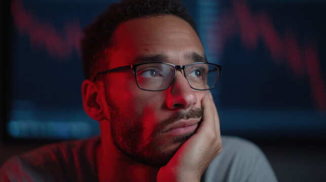 Pensive investor stress finance red light glasses focus regret