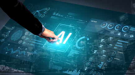 A futuristic AI dashboard for business intelligence. This platform showcases advanced data analytics, processing complex information into visual charts and graphs for strategic insights. Fermion